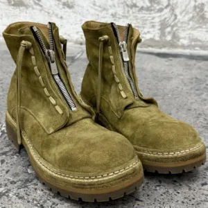 Retro Style Solid Color Genuine Leather Height Increase Zipper Ankle Boots Men Horsehide Round Toe Platform High Top Shoes